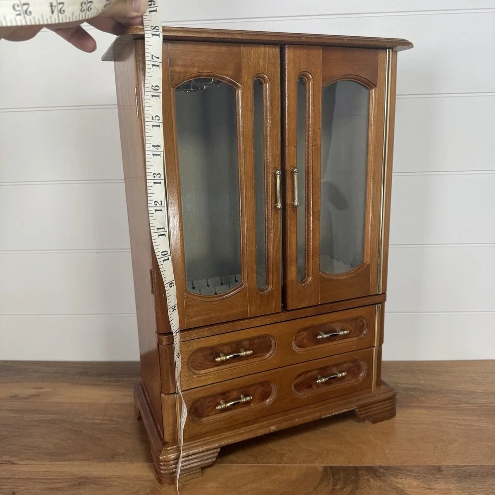 VTG Wood 2 Door Jewelry Box Armoire Cabinet w Mirror Drawers Organizer 18